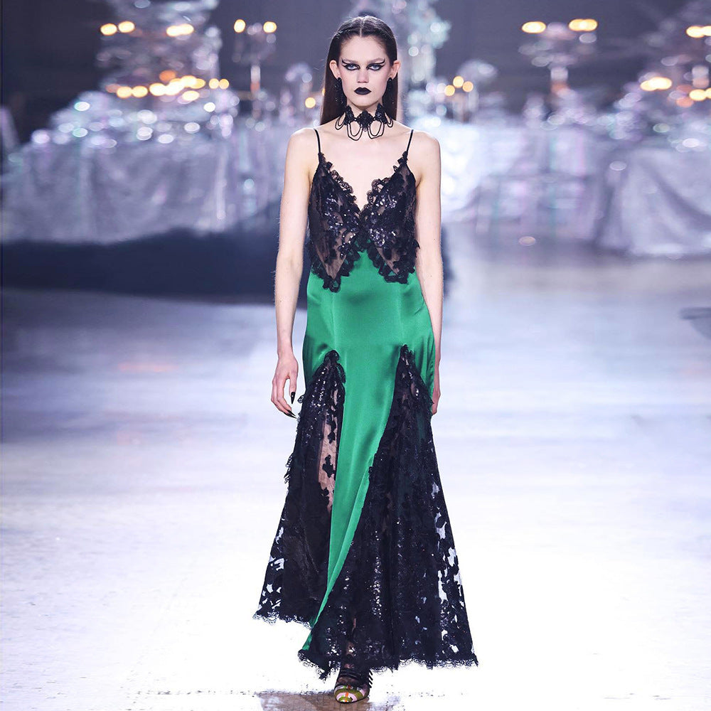 Gothic Sequin Lace Satin Dress Black Patchwork Vintage Green Maxi Dress Women Clothing Dress - Night Bloom Digital Empire Studios