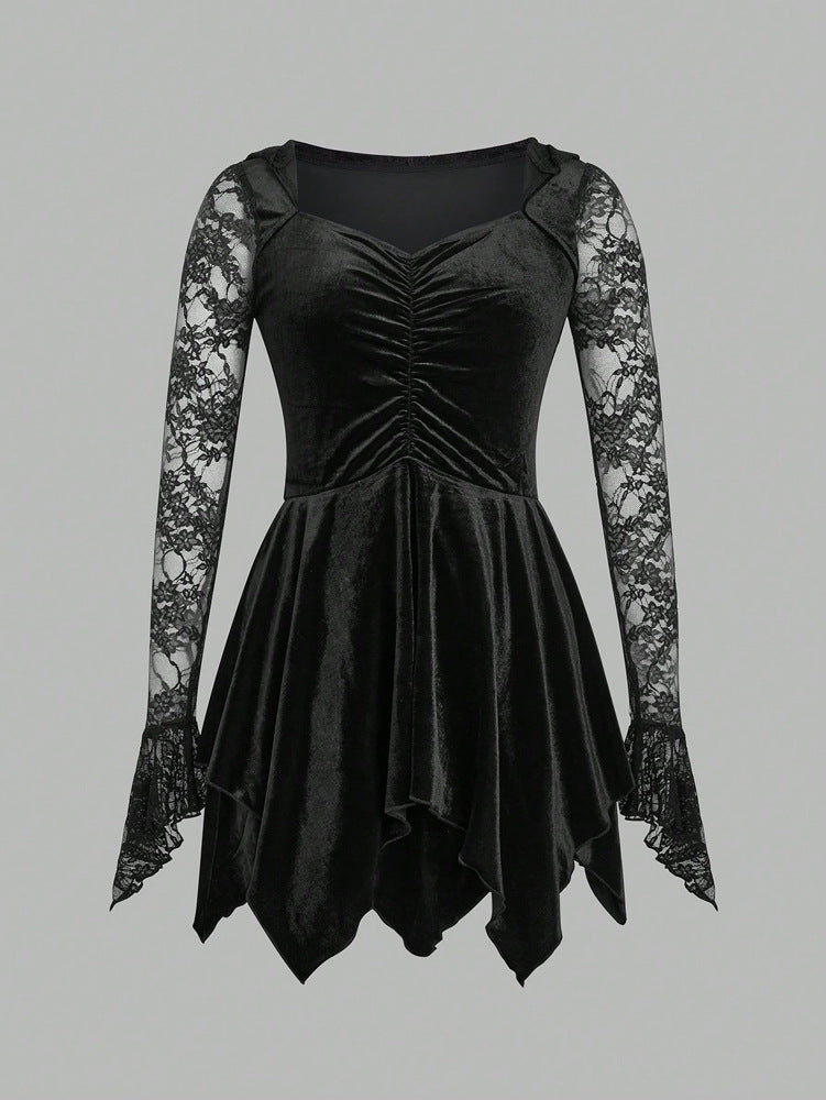 Gothic Vintage Lace Stitching Women Dress Gothic Bandage Ladies Long Sleeve Velvet Dress - Night Bloom Digital Empire Studios