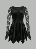 Gothic Vintage Lace Stitching Women Dress Gothic Bandage Ladies Long Sleeve Velvet Dress - Night Bloom Digital Empire Studios