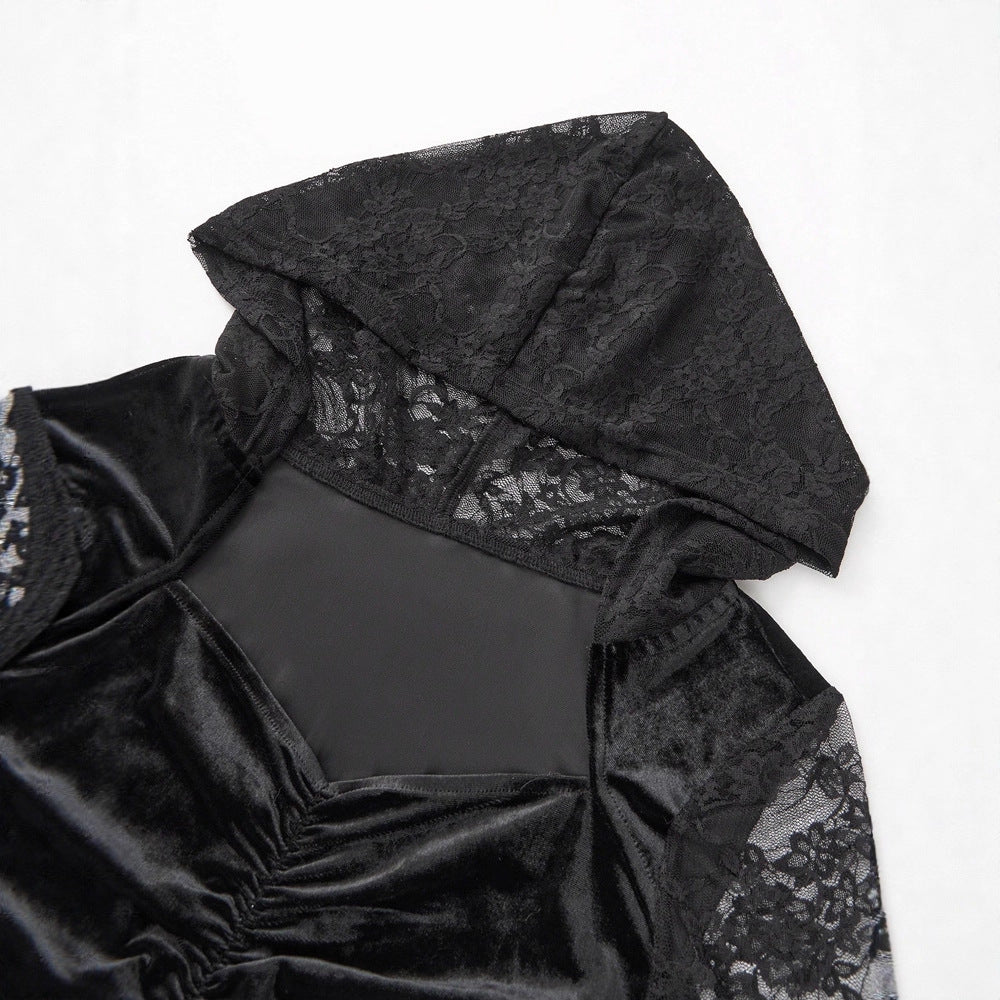 Gothic Vintage Lace Stitching Women Dress Gothic Bandage Ladies Long Sleeve Velvet Dress - Night Bloom Digital Empire Studios