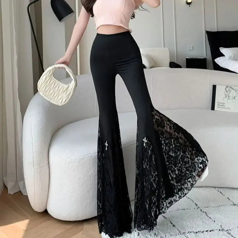 Gothic Black Lace Flare Pants - See-Through Mesh Trousers - Night Bloom Digital Empire Studios