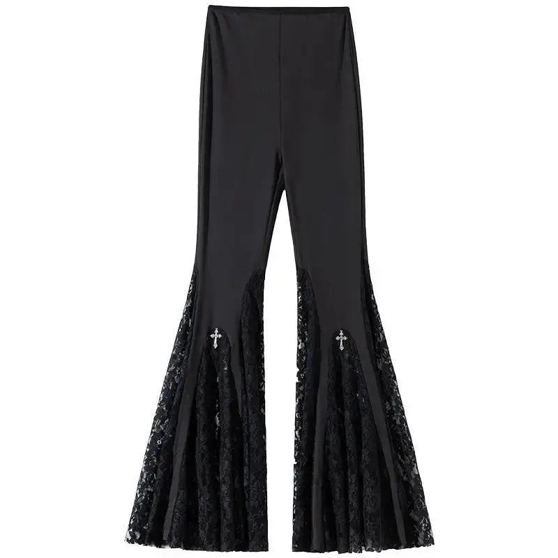Gothic Black Lace Flare Pants - See-Through Mesh Trousers - Night Bloom Digital Empire Studios