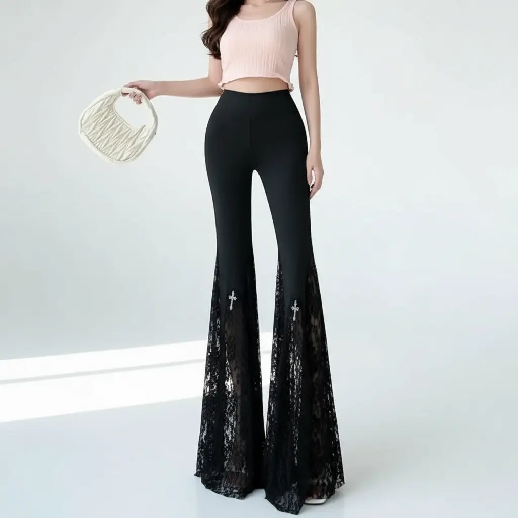 Gothic Black Lace Flare Pants - See-Through Mesh Trousers - Night Bloom Digital Empire Studios