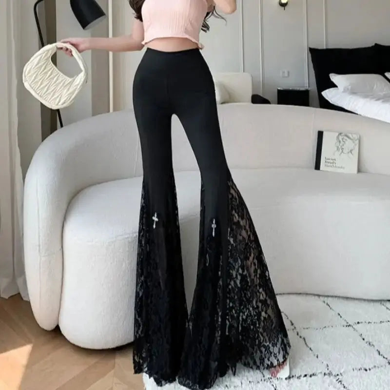 Gothic Black Lace Flare Pants - See-Through Mesh Trousers - Night Bloom Digital Empire Studios