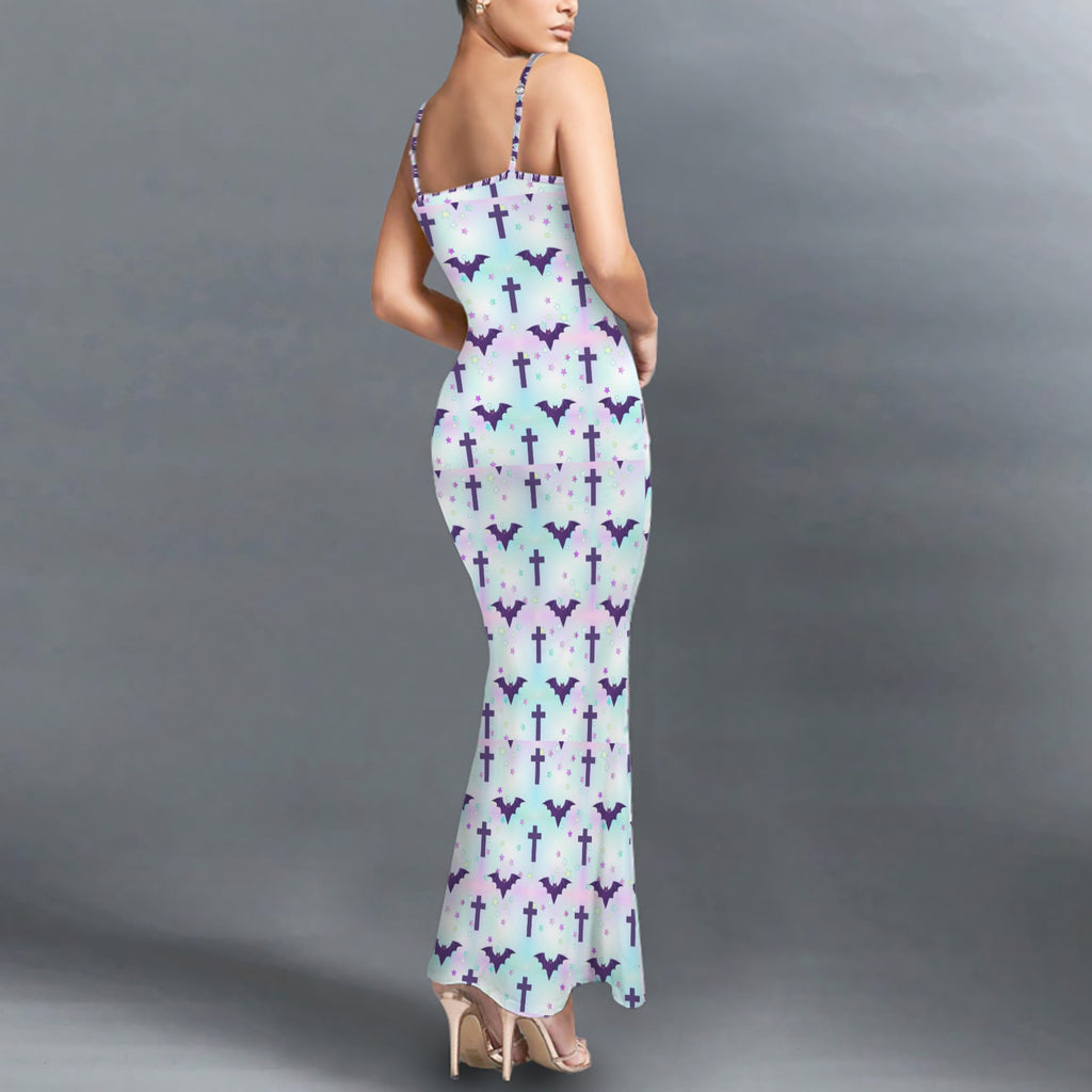 Gothic bats and crosses print long sleevless slip maxi dress