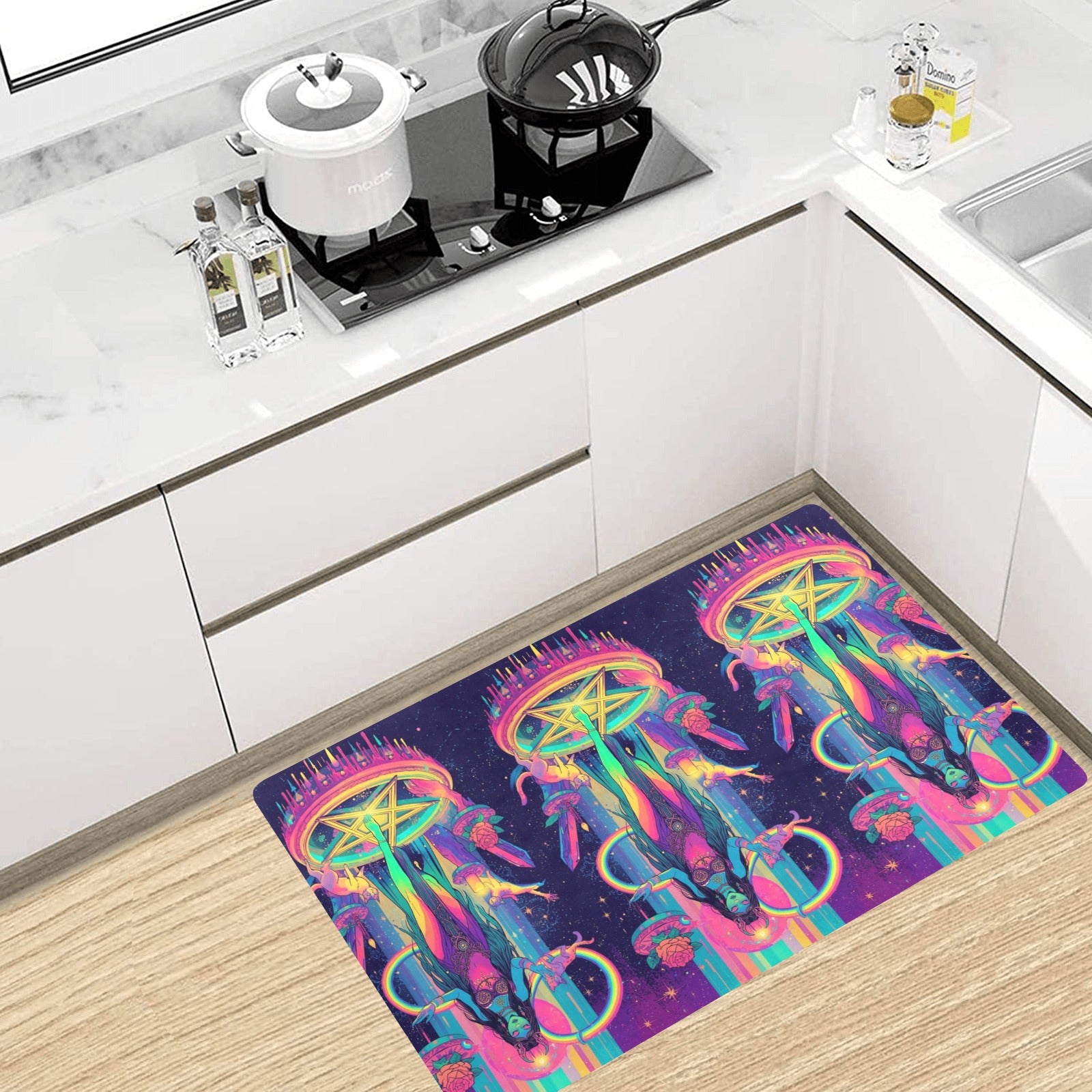 “Fluorescent rainbow Lilith performing a ritual on a floating rainbow pentagram, rainbow cats circling her in playful loops, candlelight reflected in neon rainbow crystals, rainbow roses sprouting from magical  (1)