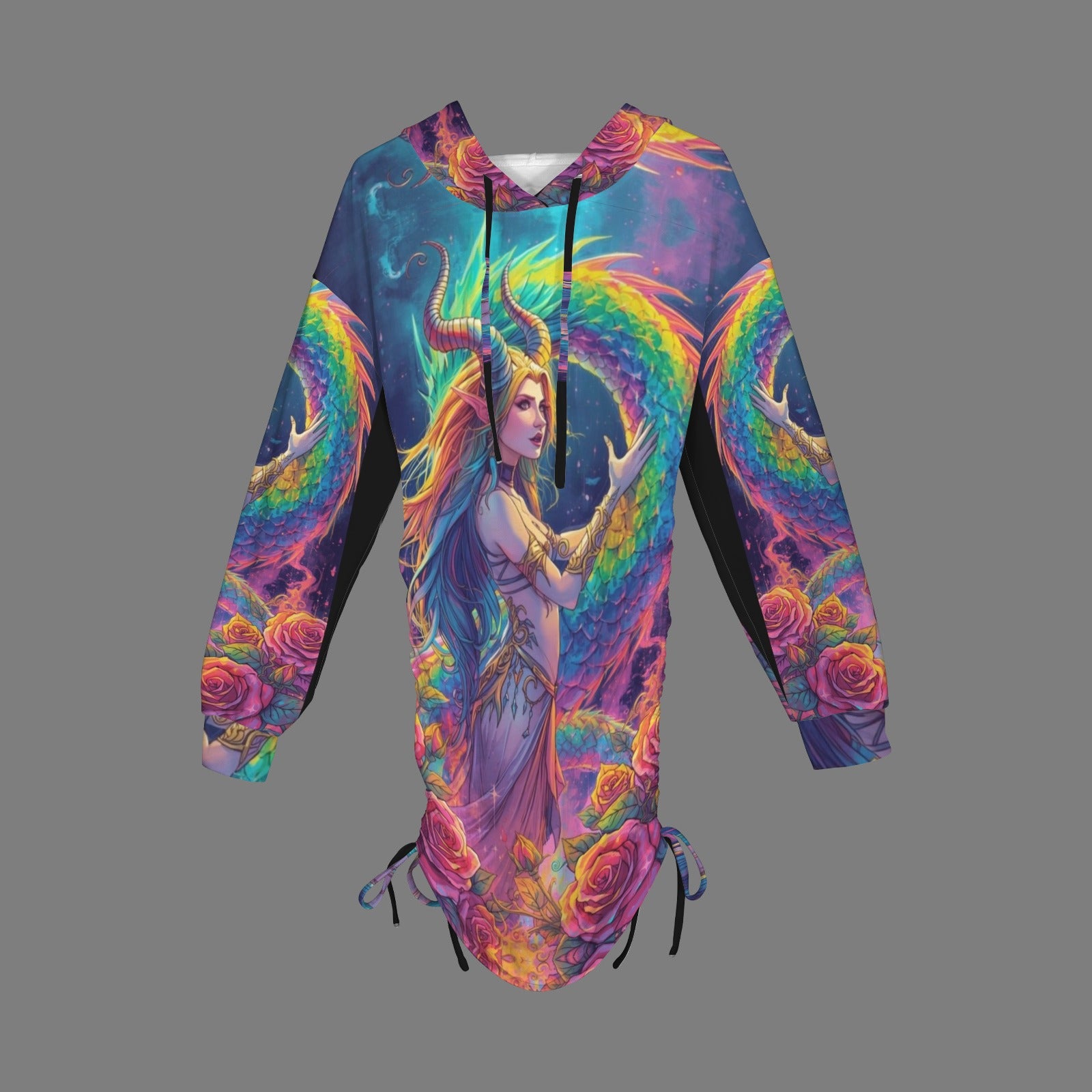 Trippy Rainbow Dragon Goddess Gothic Style Hoodie Dress 12