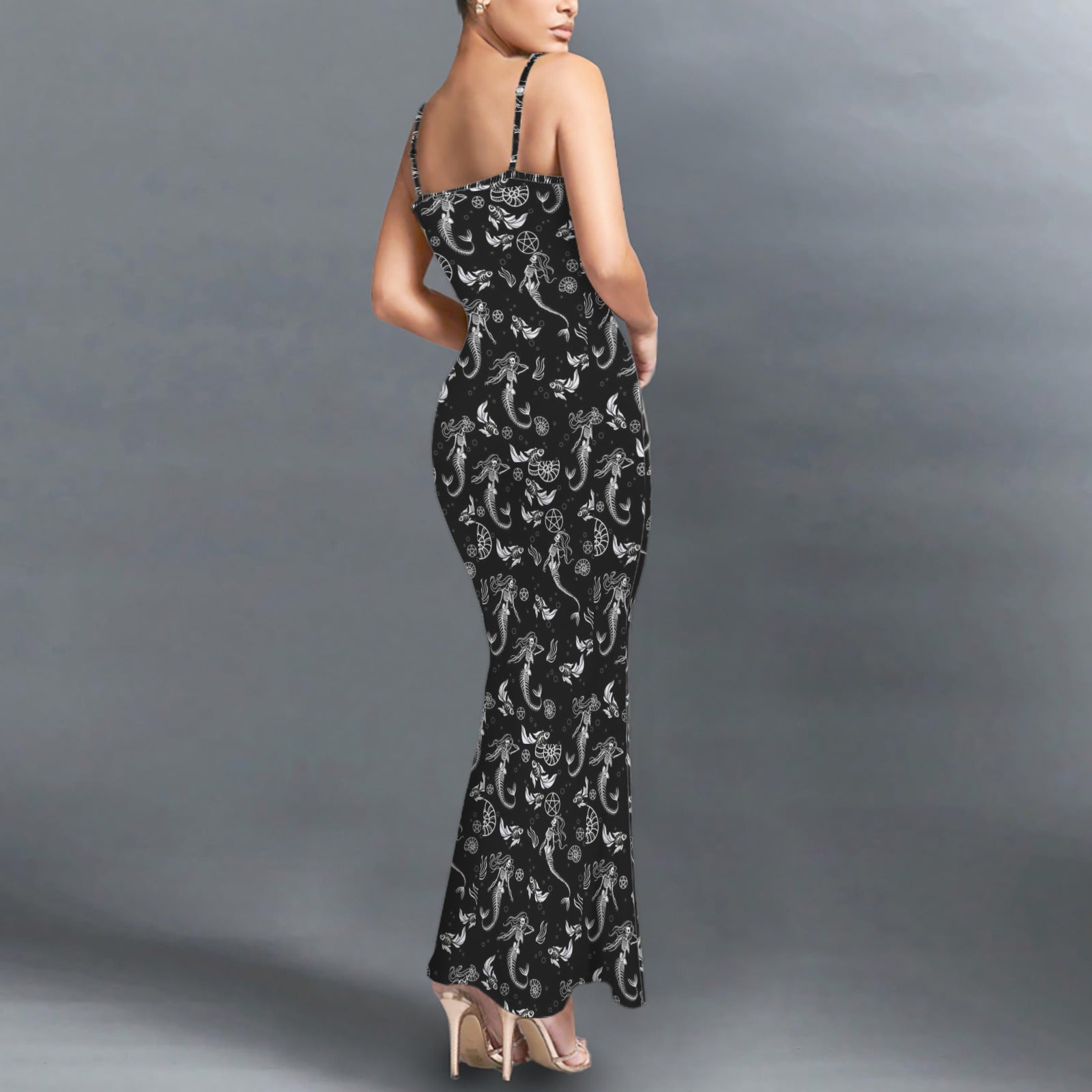 Gothicmermaid skreletons print long sleevless slip maxi dress