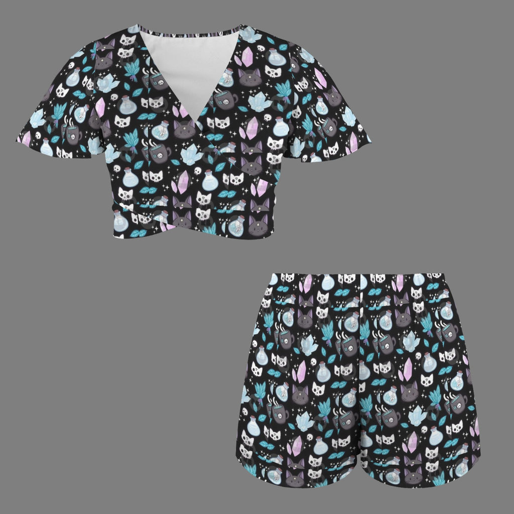 Gothic Cat and Crystal Two Peice Short Outfit Set