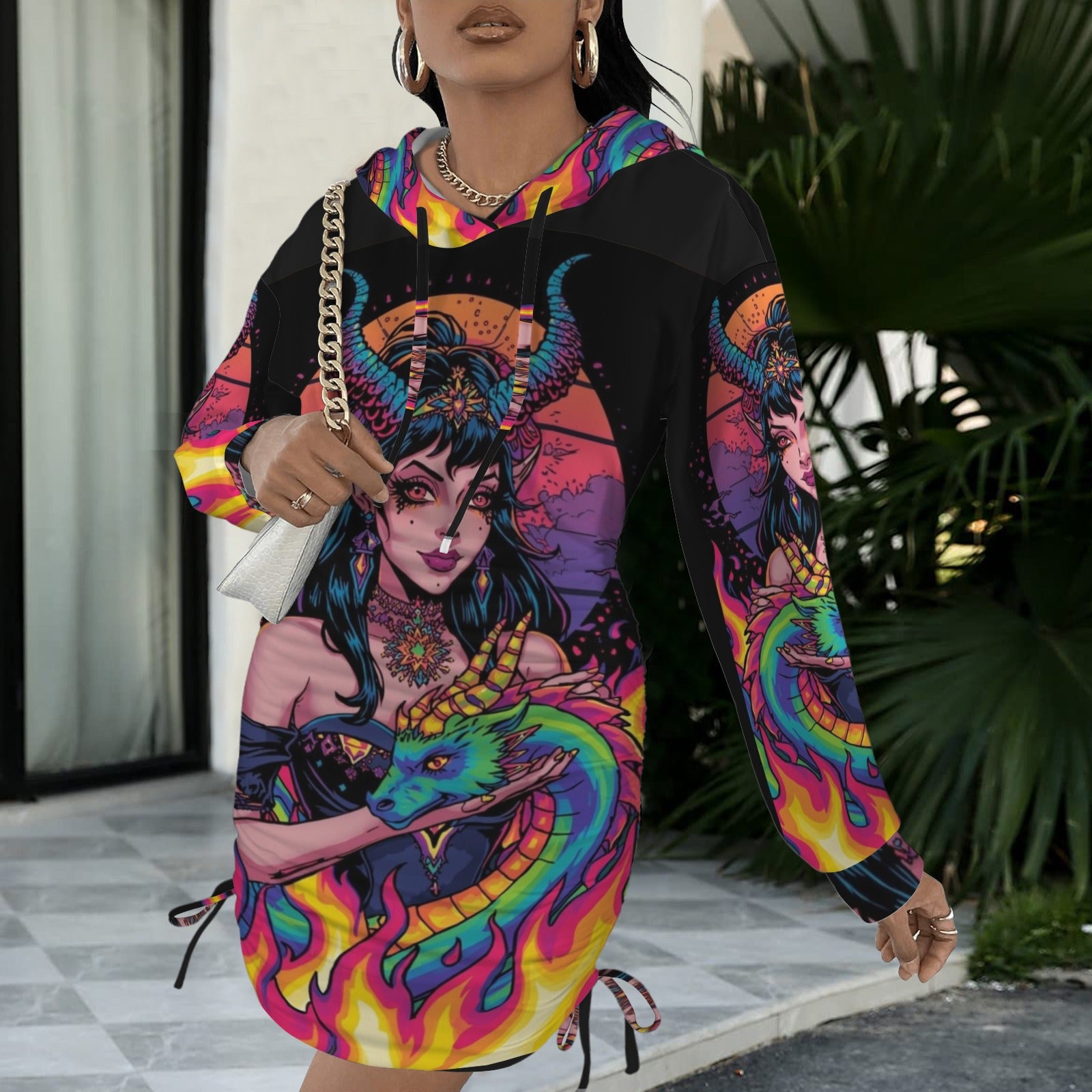 Trippy Rainbow Dragon Goddess Gothic Style Hoodie Dress 17 - Night Bloom Digital Empire Studios