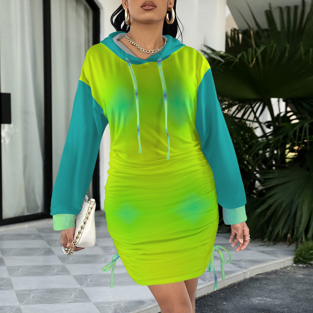 Neon Green and Yellow Gradient Gothic Style Hoodie Dress