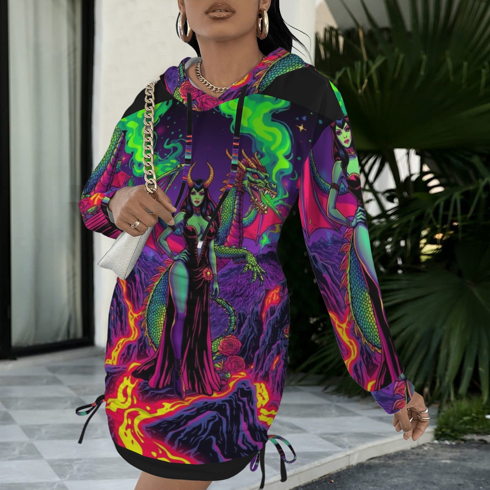 Trippy Rainbow Dragon Goddess Gothic Style Hoodie Dress 5