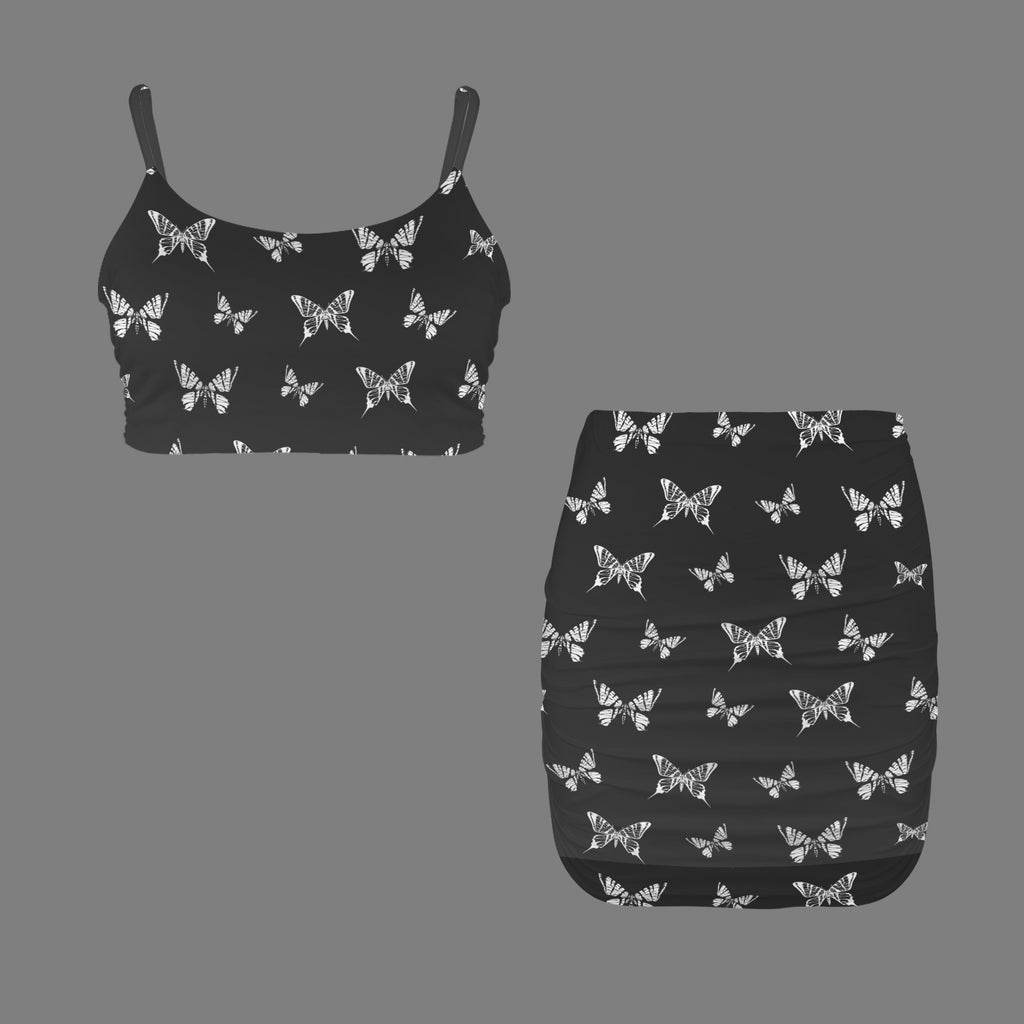 Women's Butterfly Print Cami Top & Ruched Bodycon Skirt Set - Night Bloom Digital Empire Studios