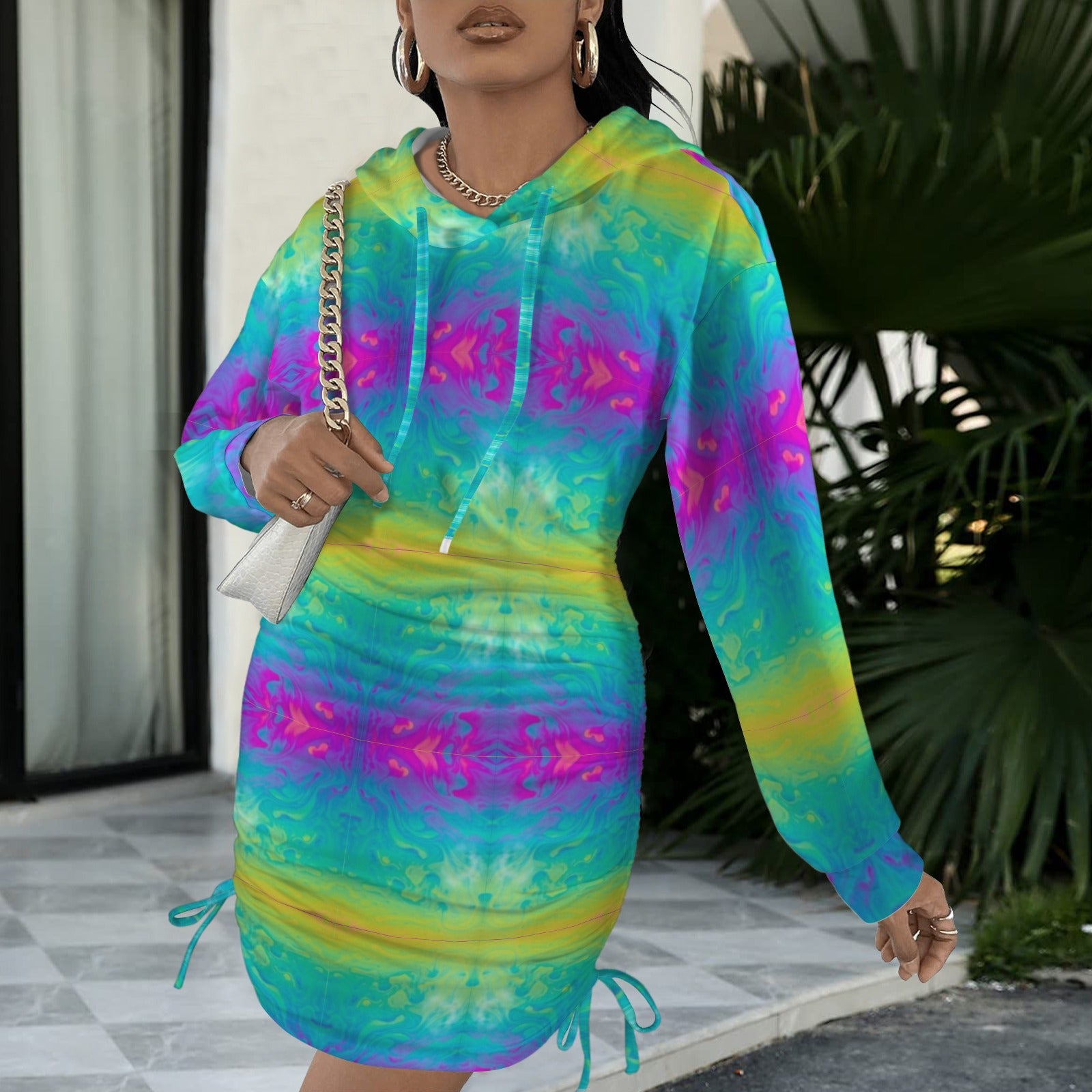 Trippy Neon Rainbow Tie-Dye Gothic Style Hoodie Dress