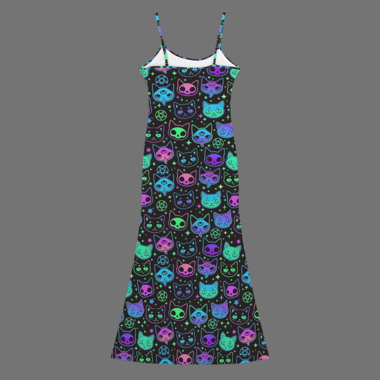 Gothic neon cat skull print long sleevless slip maxi dress