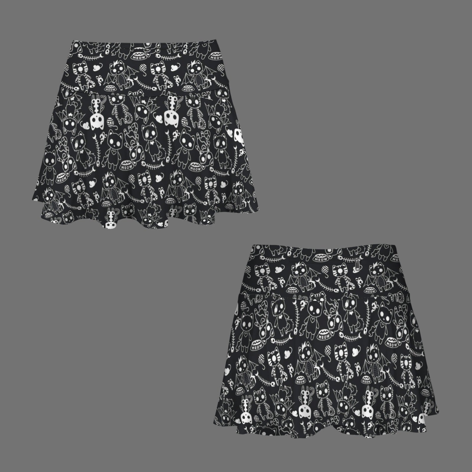 Gothic Street Skeletal Kitty Print Pleated Mini Skort