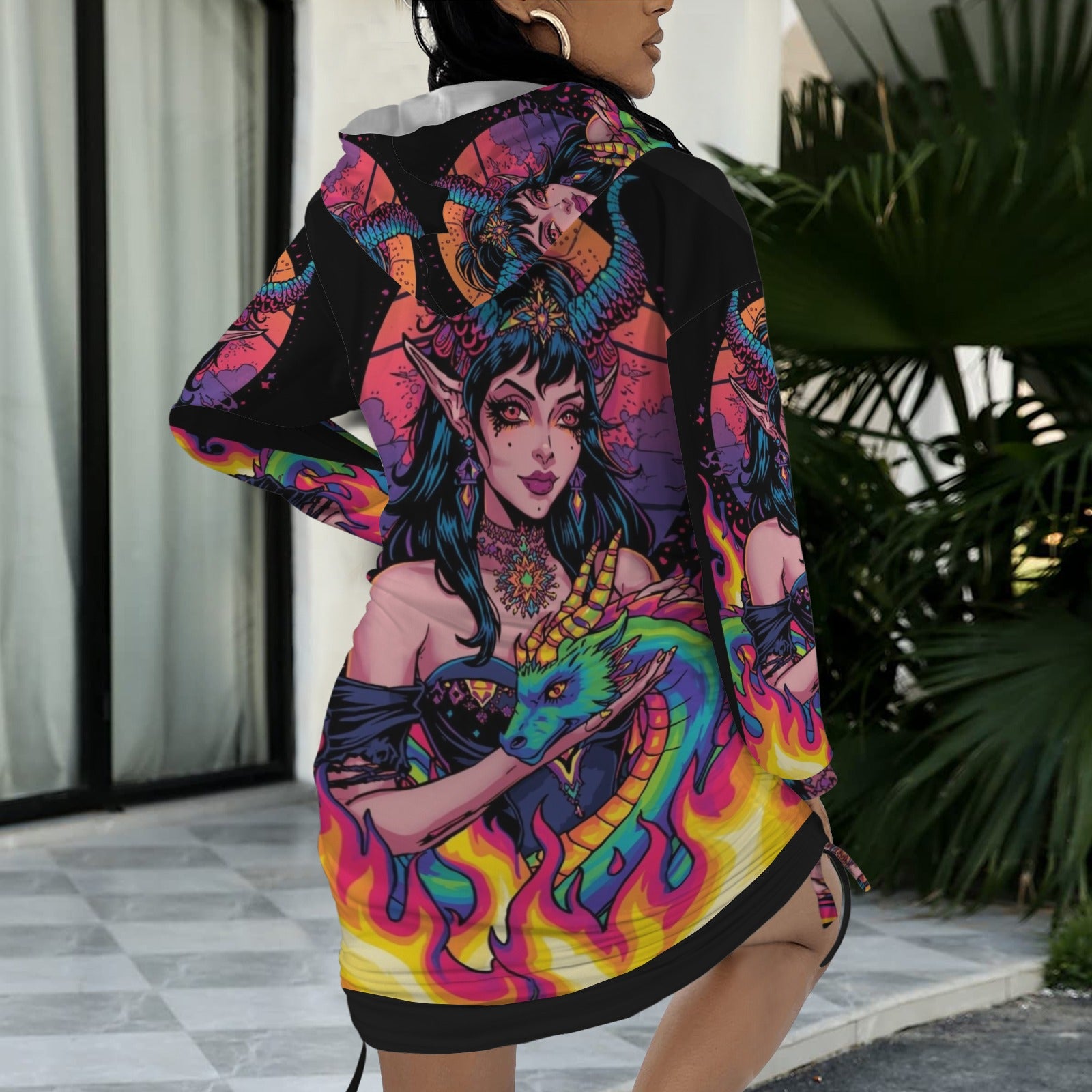 Trippy Rainbow Dragon Goddess Gothic Style Hoodie Dress 17 - Night Bloom Digital Empire Studios