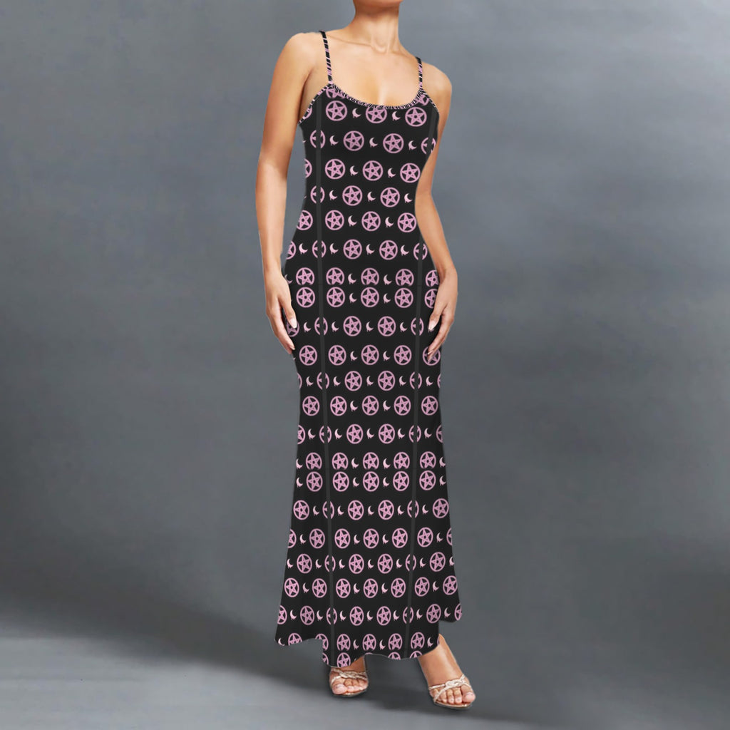 Gothic pentagram print long sleevless slip maxi dress