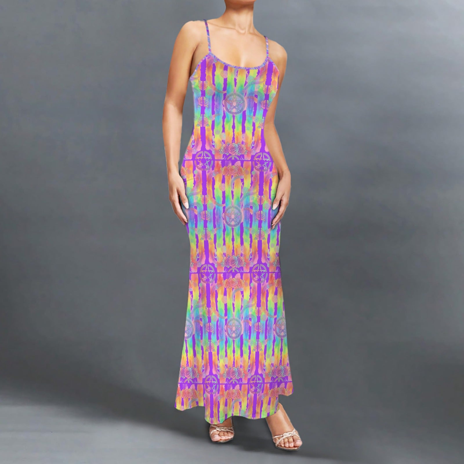 Gothic neon  print long sleevless slip maxi dress
