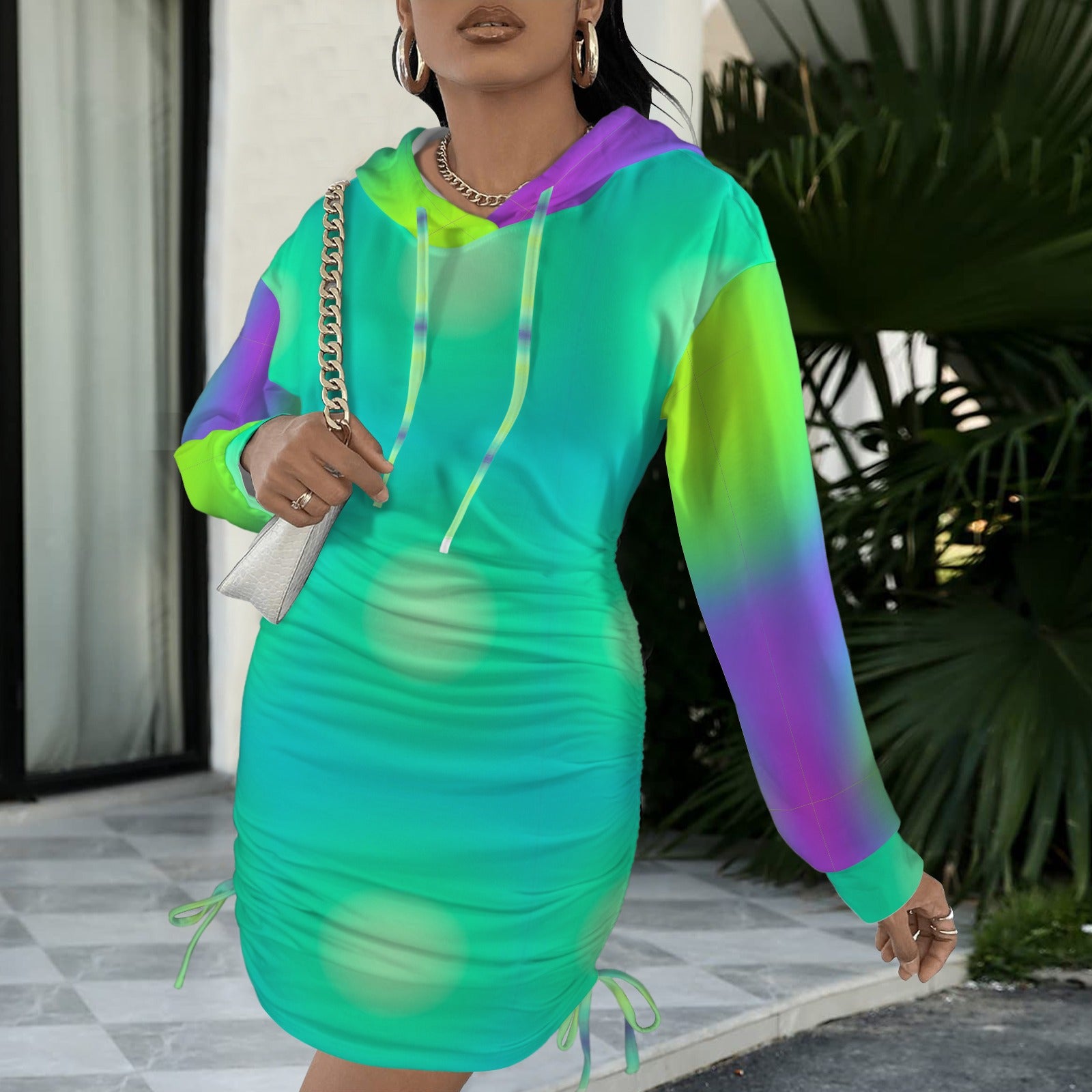 Trippy Teal Gradient Gothic Style Hoodie Dress
