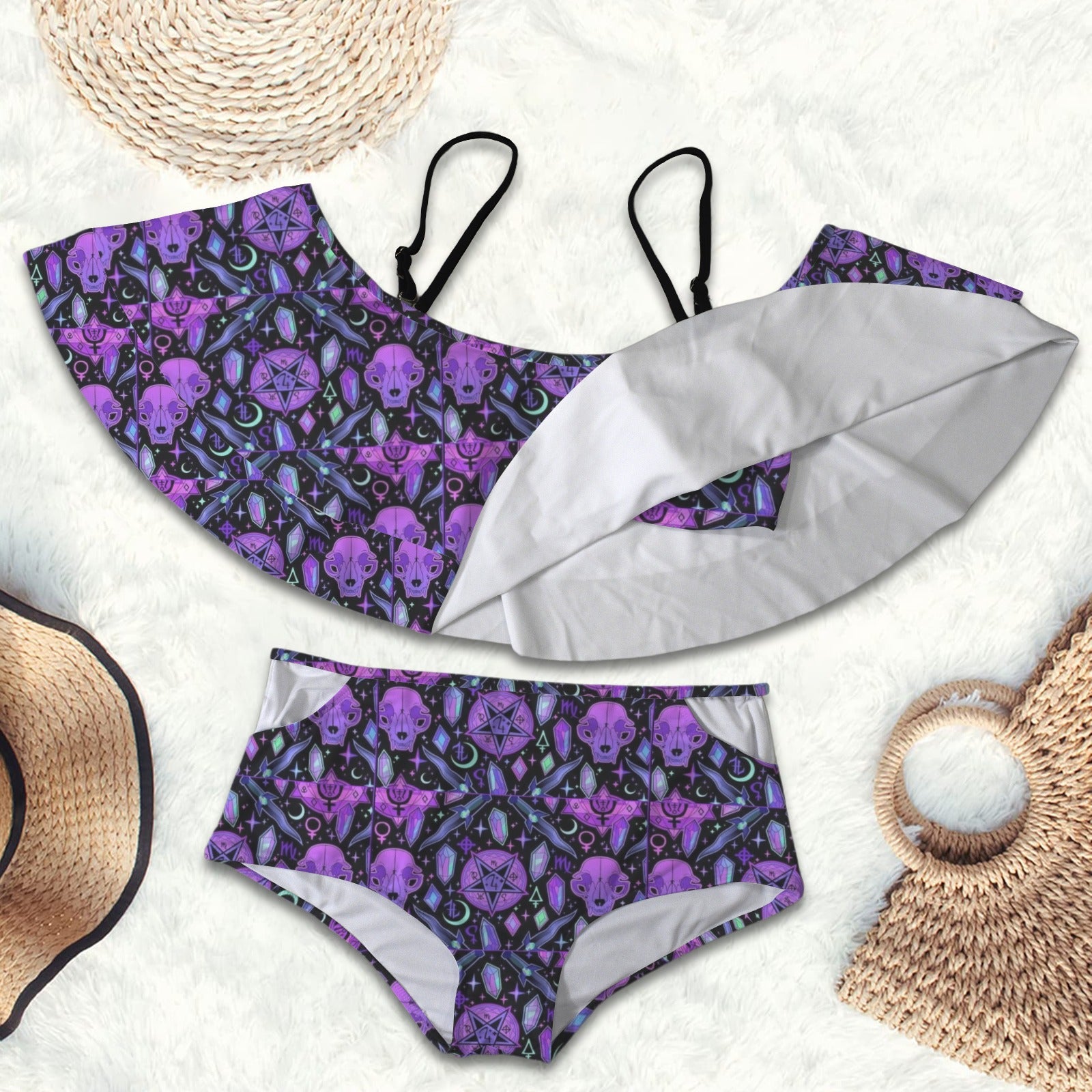 Gothic cat skull crystal  Print 2 peice swim suit set - Night Bloom Digital Empire Studios