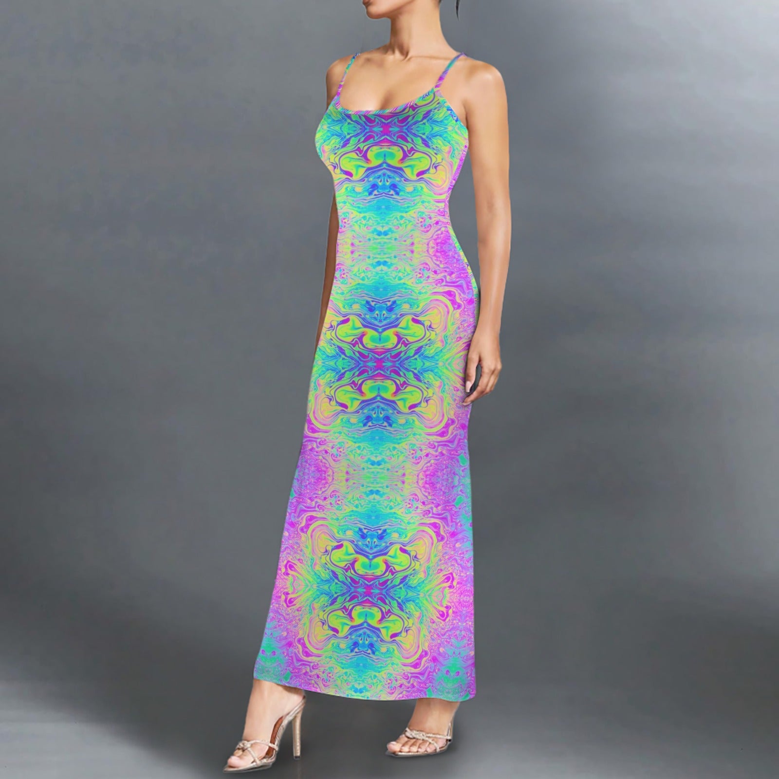 Trippy Tie=dye l print long sleevless slip maxi dress