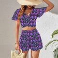 Gothic Cat Skull Crystal Witch Print 2 Peice Shorts Outfit Set
