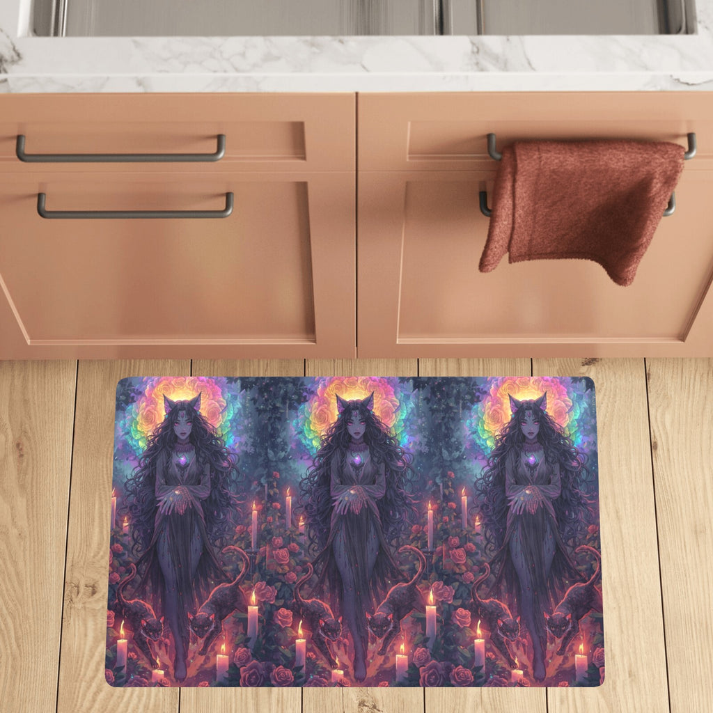 “Ultra‑detailed hyper‑saturated rainbow illustration of Lilith with two glowing cats prowling at her feet in a candlelit enchanted garden, rainbow roses exploding in color, floating neon rainbow crystals, rain (15)