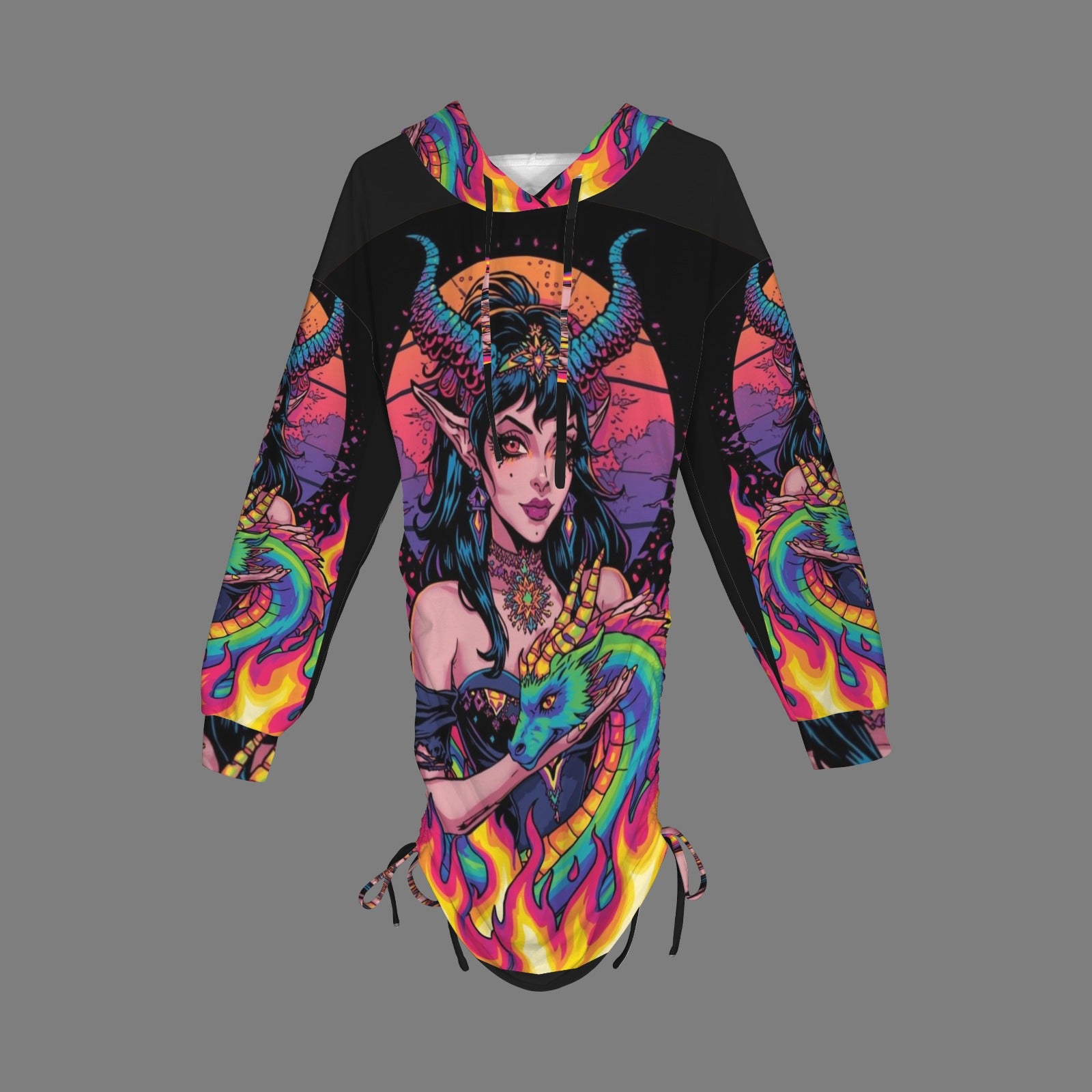 Trippy Rainbow Dragon Goddess Gothic Style Hoodie Dress 17 - Night Bloom Digital Empire Studios