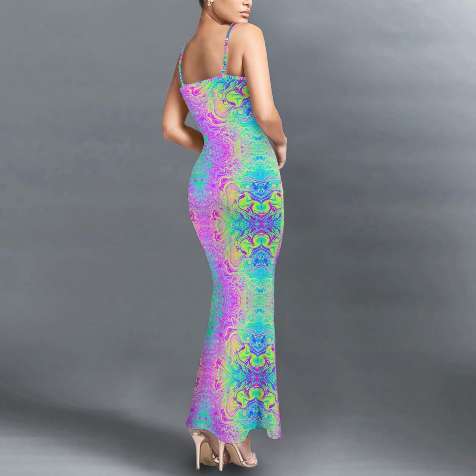 Trippy Tie=dye l print long sleevless slip maxi dress