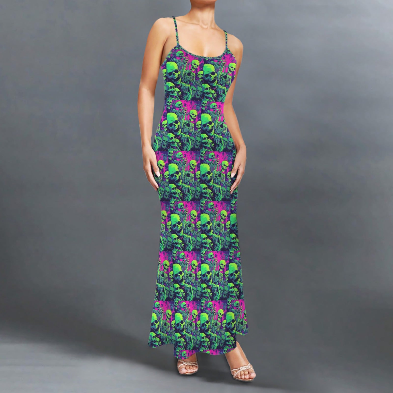 Gothic neon skull print long sleevless slip maxi dress