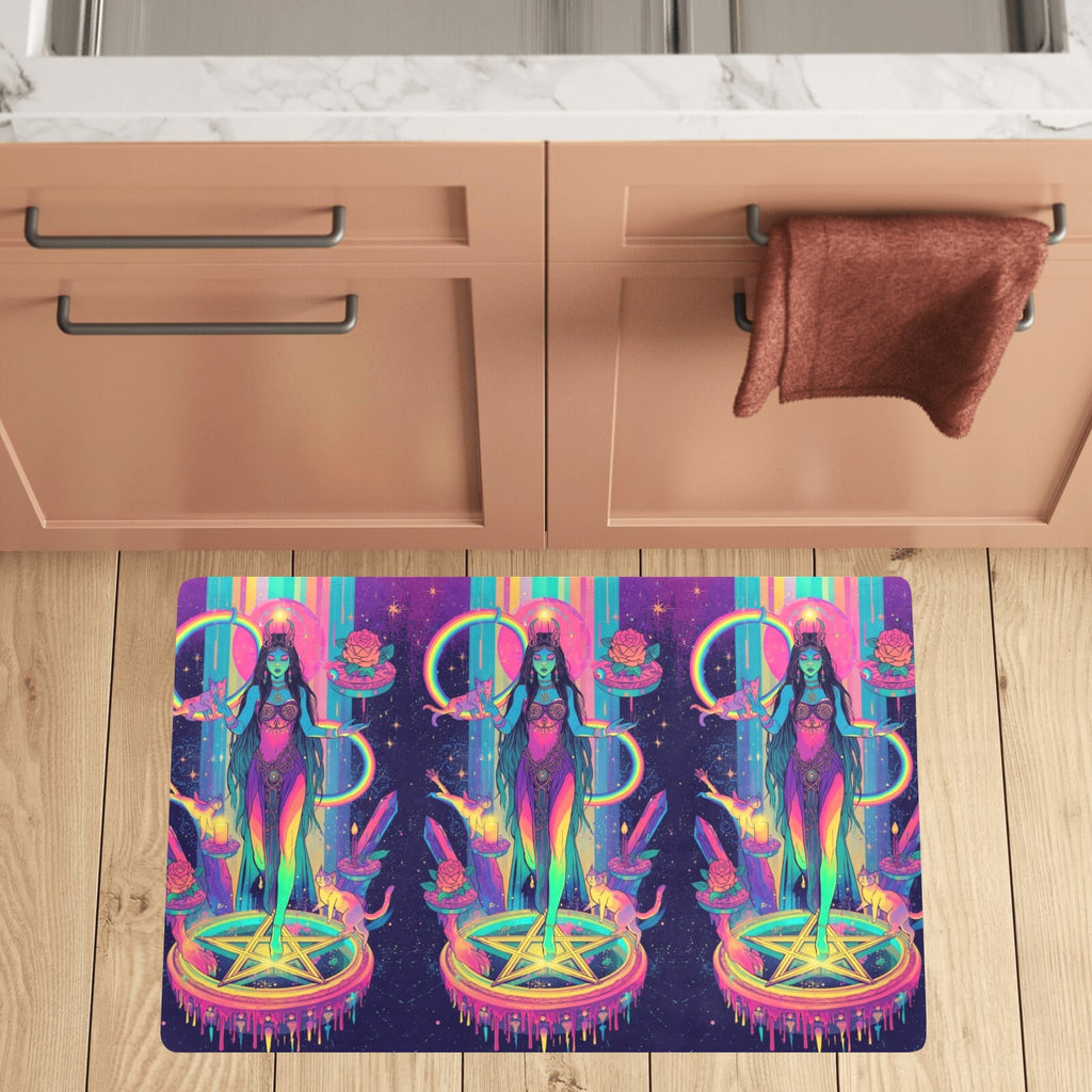 “Fluorescent rainbow Lilith performing a ritual on a floating rainbow pentagram, rainbow cats circling her in playful loops, candlelight reflected in neon rainbow crystals, rainbow roses sprouting from magical  (1)