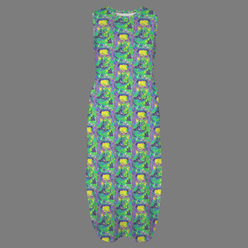 round neck gothic goddess maxi dress spooky frankenstein print