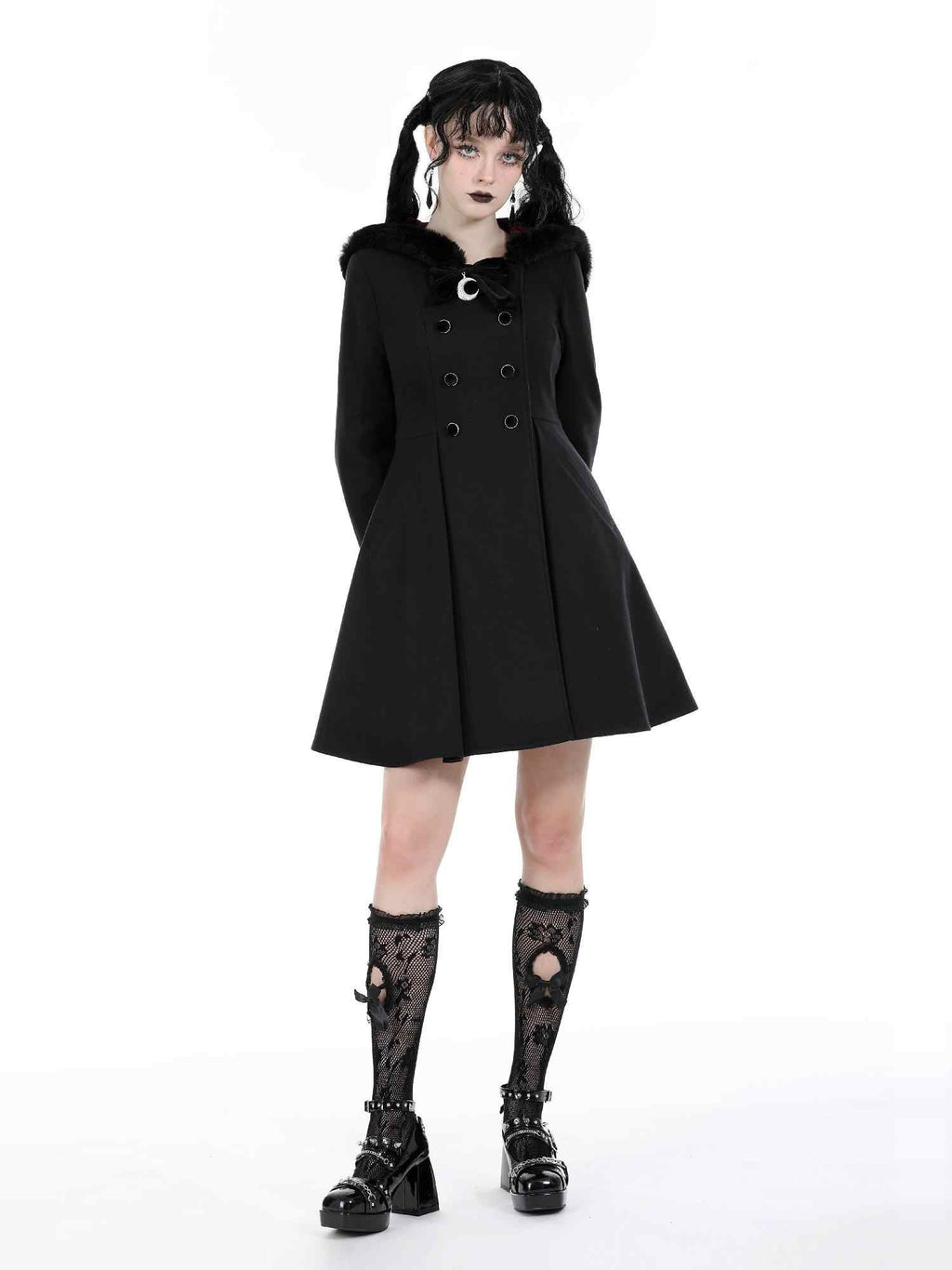 Gothic Dark Cat Ear Black Hooded Coat - Night Bloom Digital Empire Studios