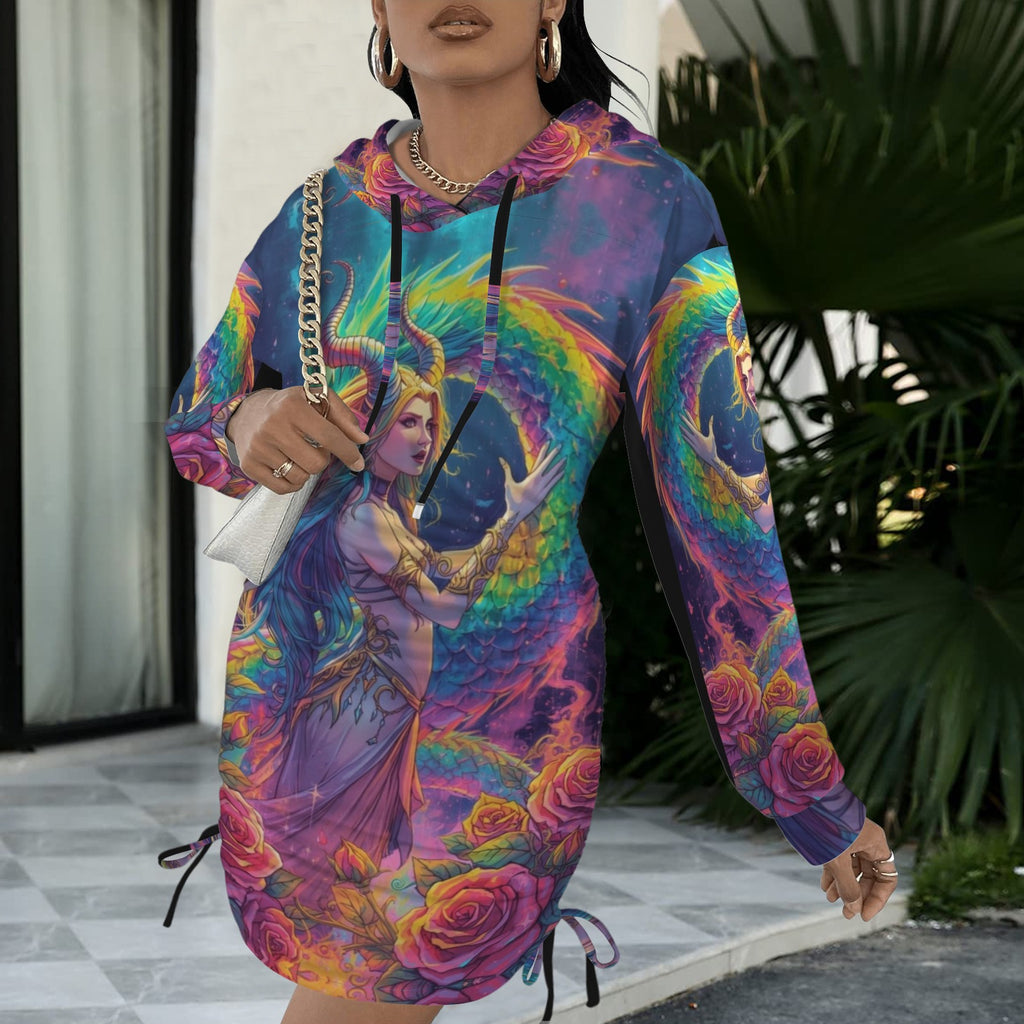 Trippy Rainbow Dragon Goddess Gothic Style Hoodie Dress 12