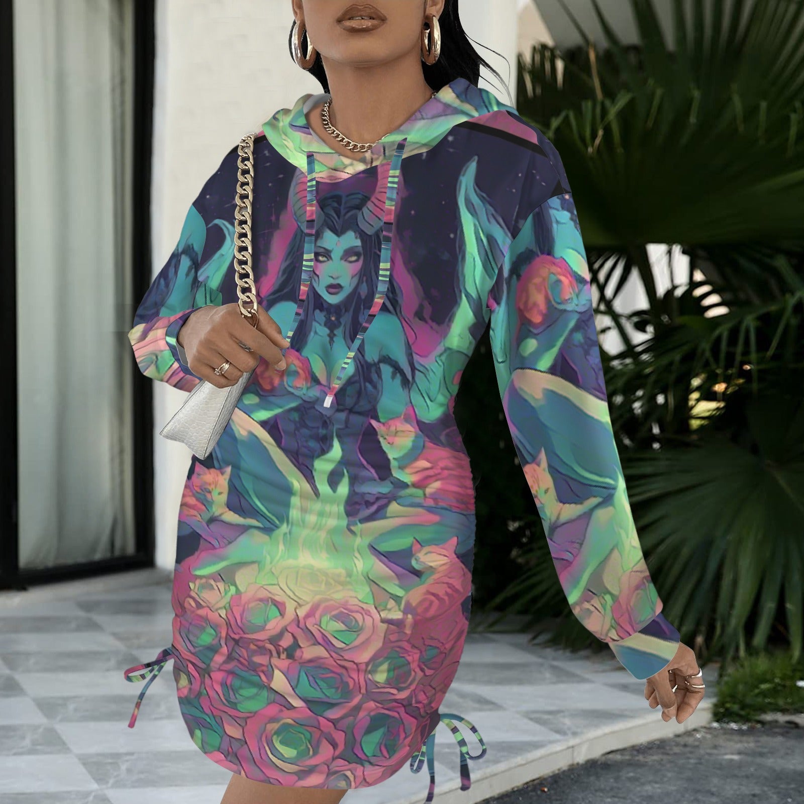 Trippy Rainbow Dragon Goddess Gothic Style Hoodie Dress 3