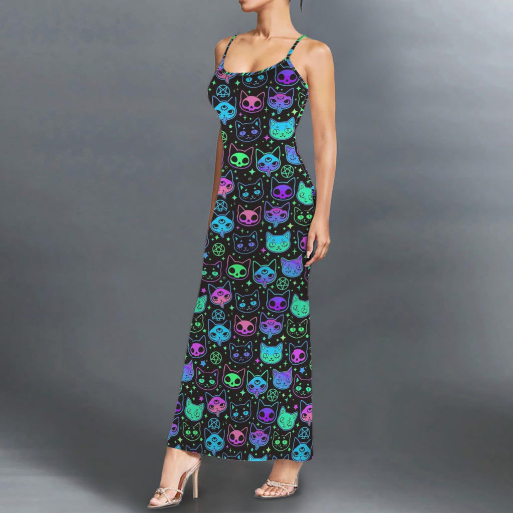Gothic neon cat skull print long sleevless slip maxi dress