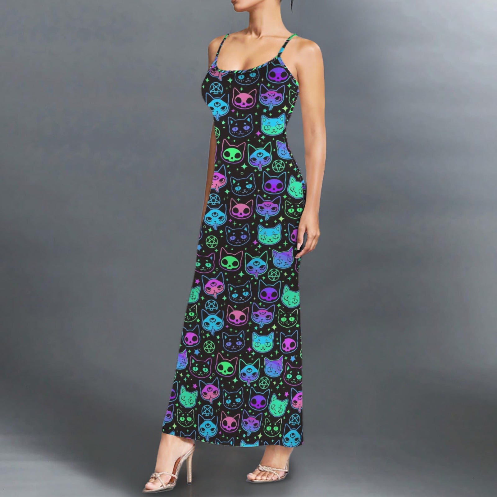 Gothic neon cat skull print long sleevless slip maxi dress