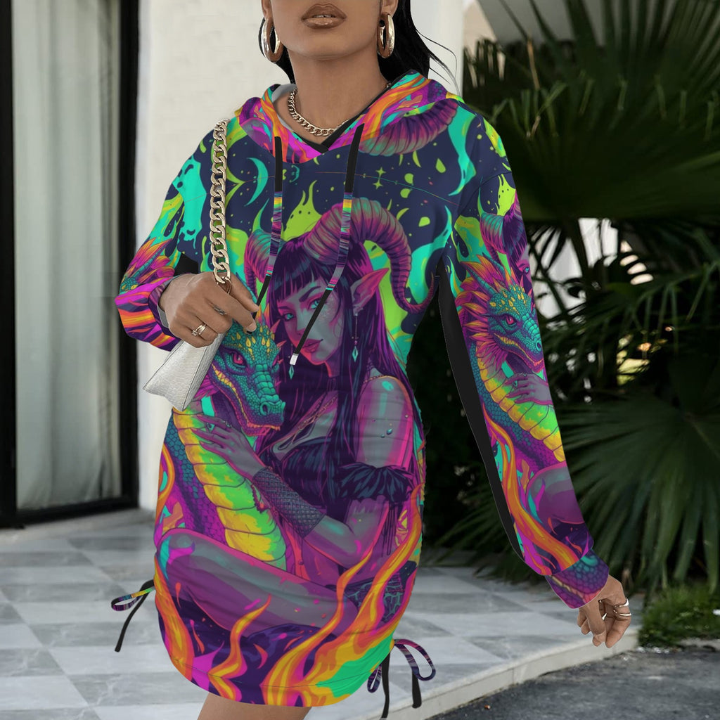 Trippy Rainbow Dragon Goddess Gothic Style Hoodie Dress 15