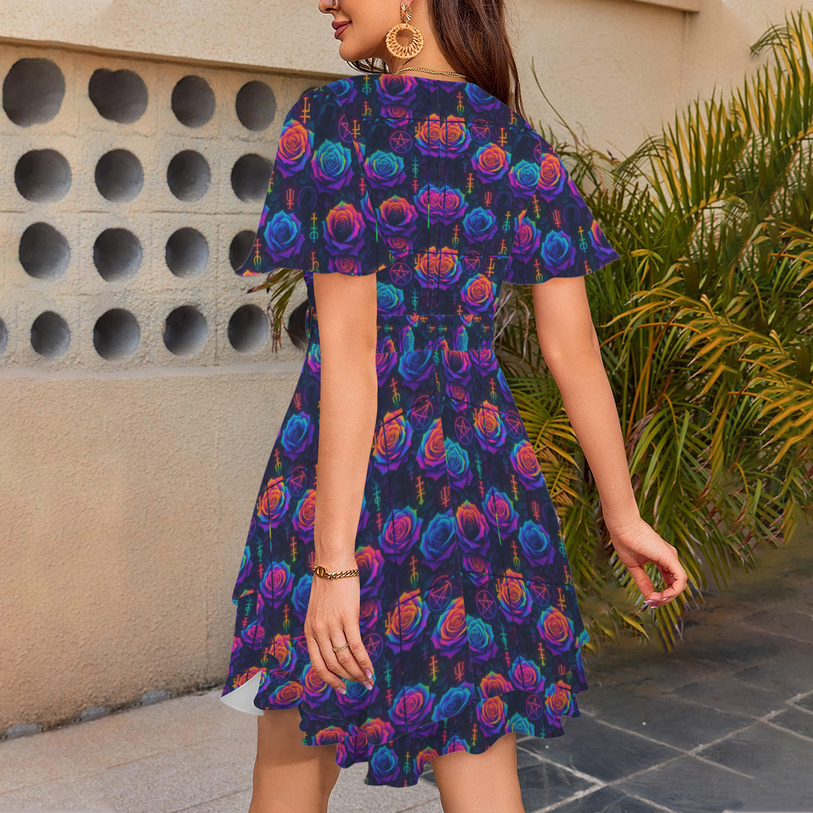 SSeamless repeating textile pattern, tessellated grid layout, rainbow tie-dye gradient roses layered