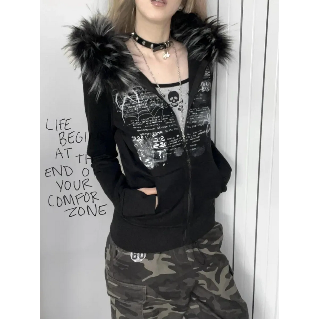 Black Gothic Grunge Fur Hooded Jacket - Night Bloom Digital Empire Studios