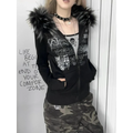 Black Gothic Grunge Fur Hooded Jacket - Night Bloom Digital Empire Studios