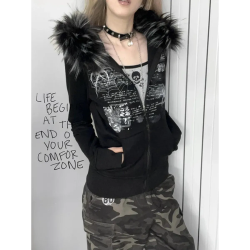 Black Gothic Grunge Fur Hooded Jacket - Night Bloom Digital Empire Studios