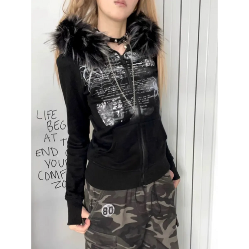 Black Gothic Grunge Fur Hooded Jacket - Night Bloom Digital Empire Studios
