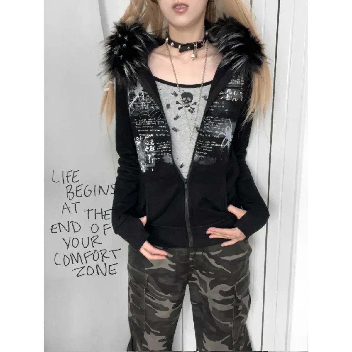 Black Gothic Grunge Fur Hooded Jacket - Night Bloom Digital Empire Studios
