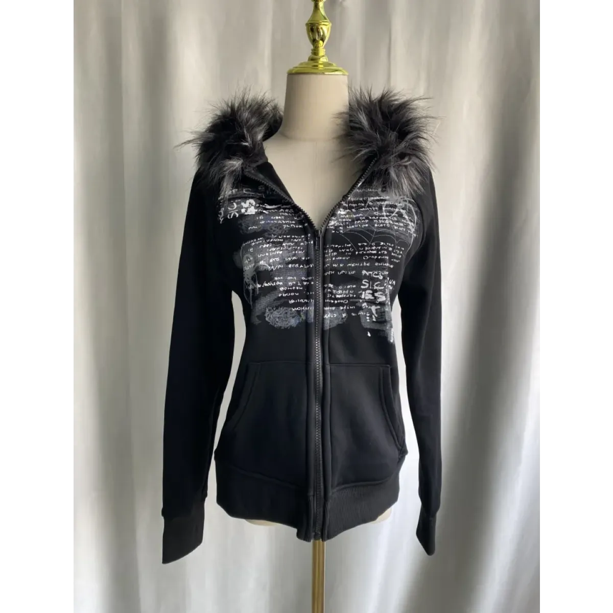 Black Gothic Grunge Fur Hooded Jacket - Night Bloom Digital Empire Studios