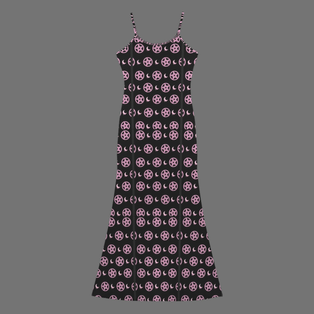 Gothic pentagram print long sleevless slip maxi dress