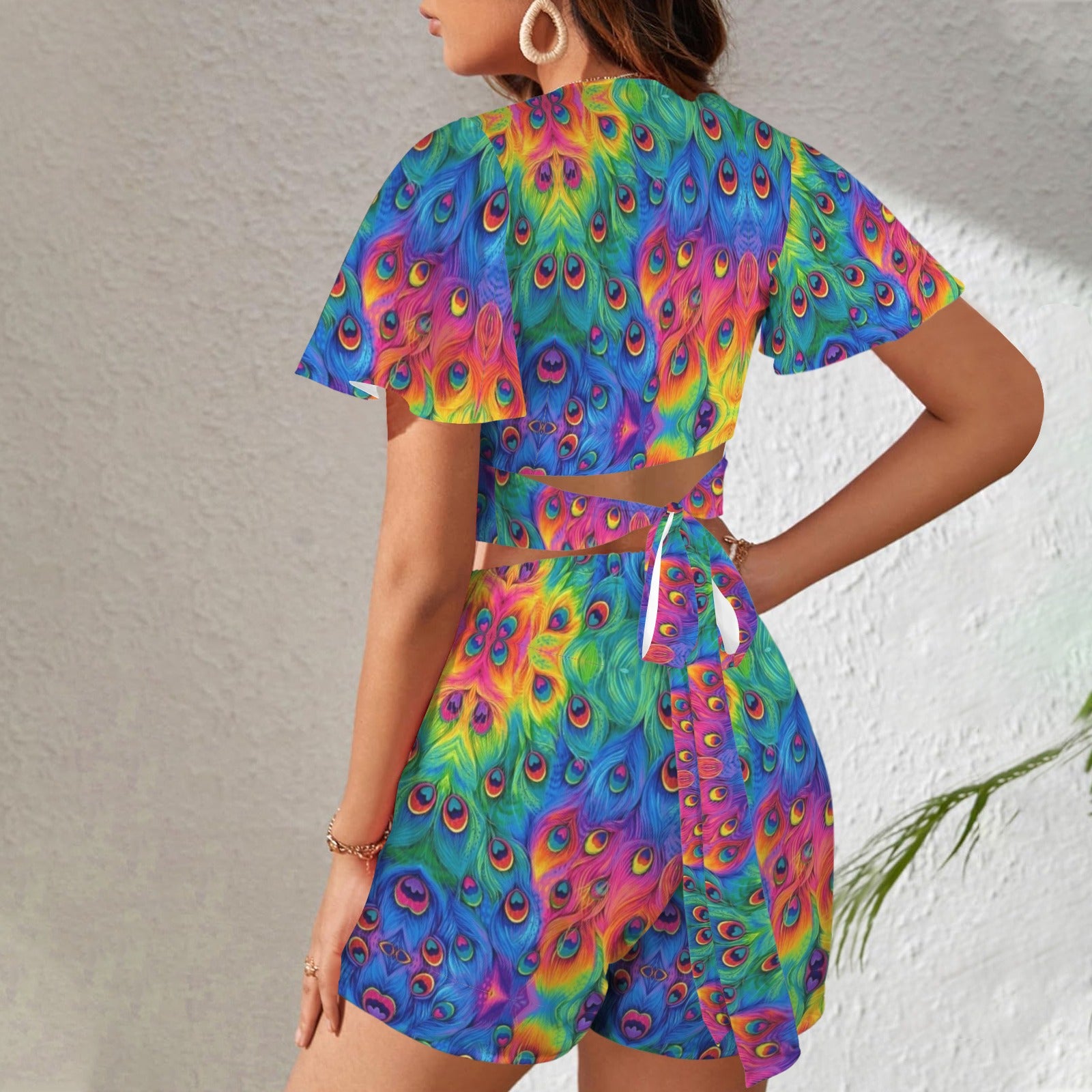 Trippy Peacock Print 2 Peice Shorts Outfit Set