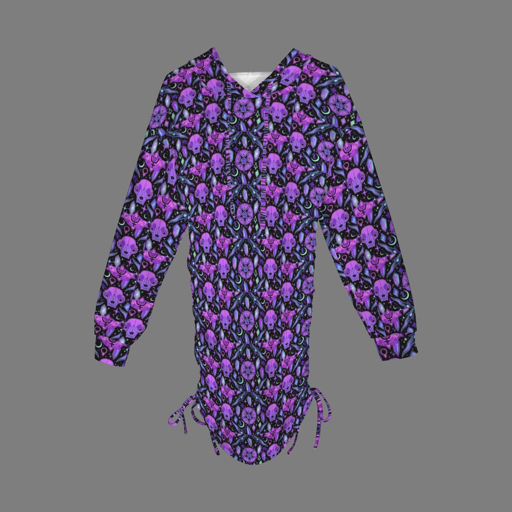 Black and Purple Cat Skull and Crstals Gothic Style Hoodie Dress