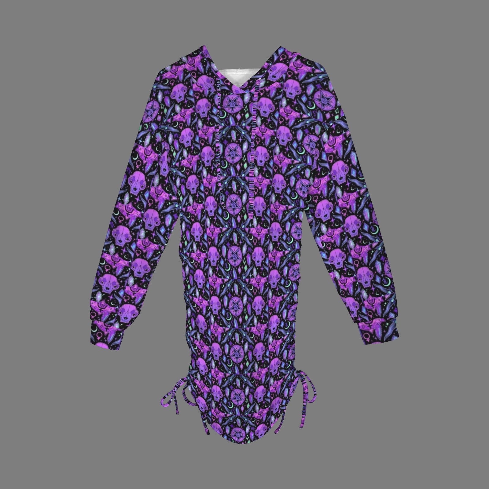Black and Purple Cat Skull and Crstals Gothic Style Hoodie Dress